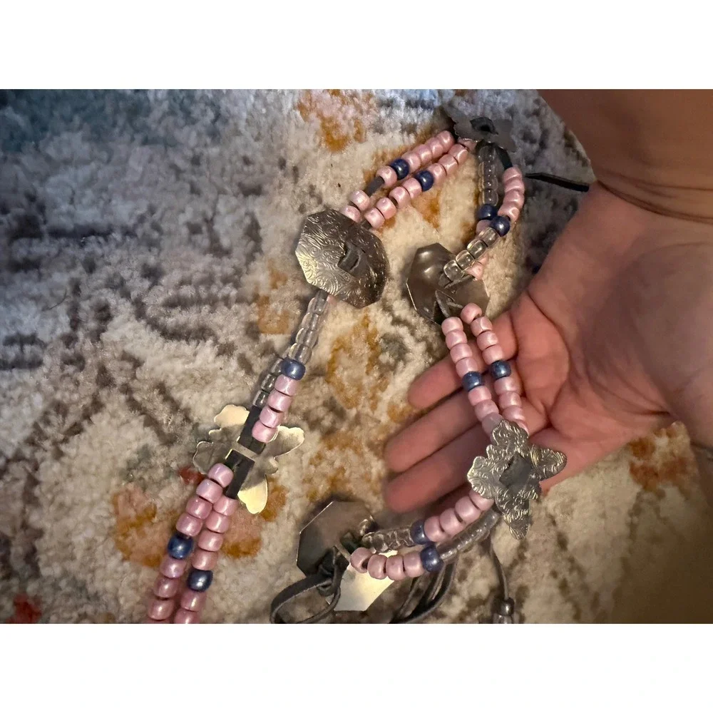 Pink Beaded Butterfly Concho Belt Silver Tone Western Boho Suede Tie‎ Adjustable